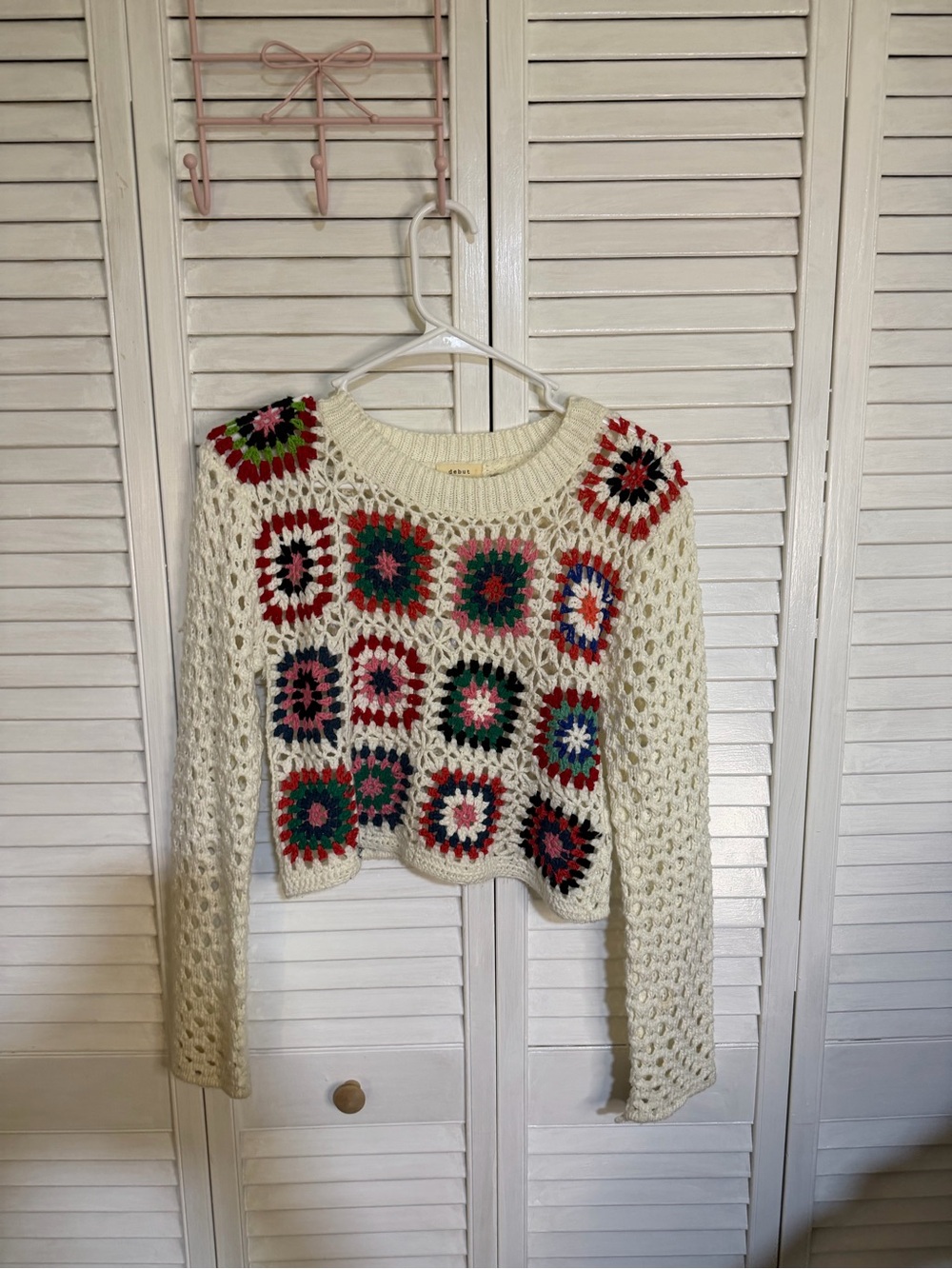 debut Cream Crochet Sweater with Multi-Color Granny Squares